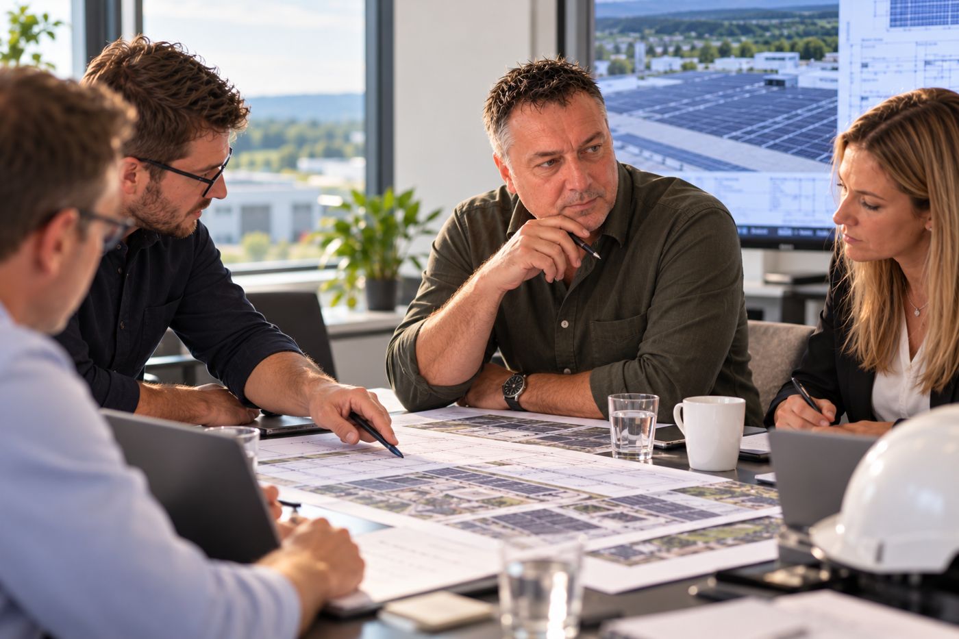 Projektbesprechung mit Plänen am Konferenztisch
